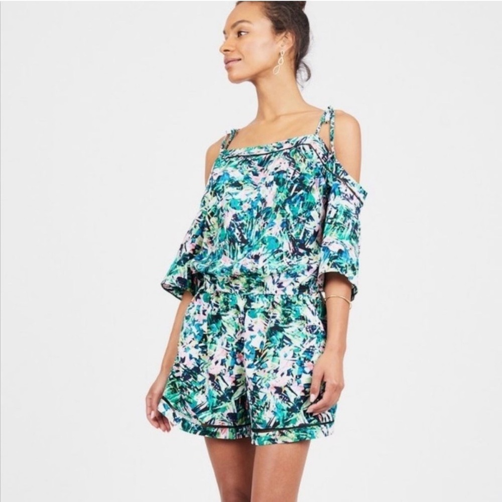 Clover & Sloane Tropical Print Cold Shoulder Romper Tie Strap Off Shoulder Large